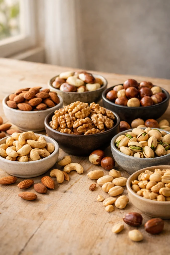 Selección de frutos secos premium con almendras, nueces, maní, pistachos, avellanas y castañas de cajú sobre una mesa de madera con iluminación natural.