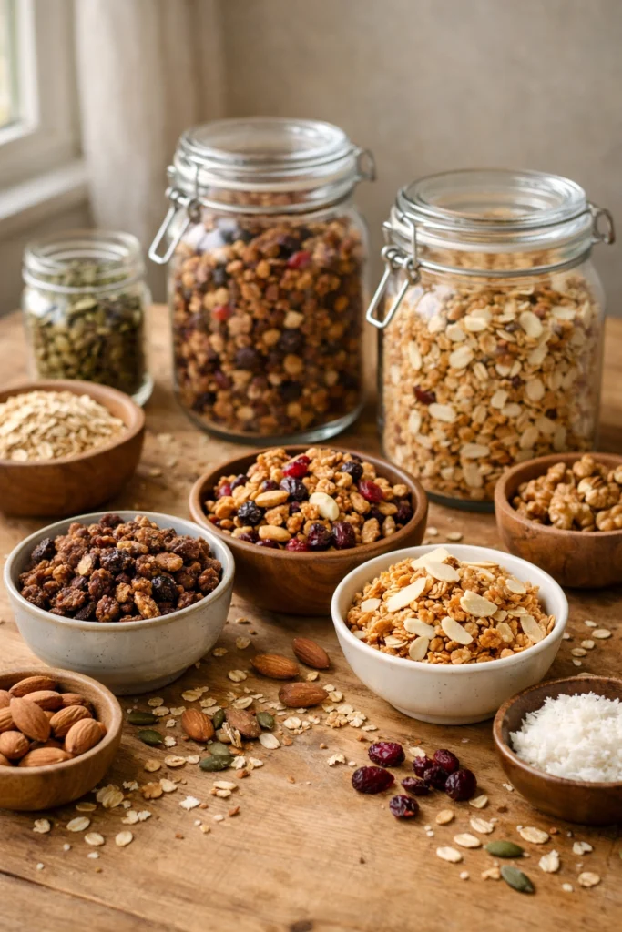 Granola artesanal con avena, almendras, nueces, semillas y frutos secos presentada en frascos y cuencos de vidrio sobre una mesa de madera con luz natural.
