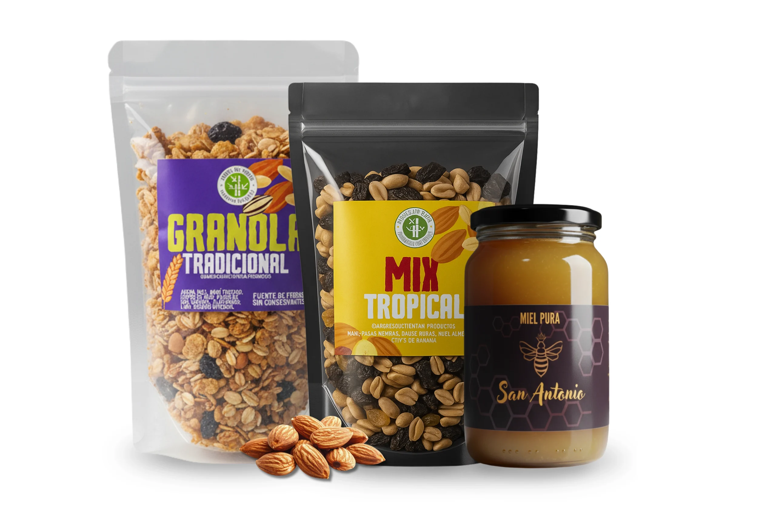 Granola y miel Pichigran sobre una mesa de madera con ingredientes naturales y desayuno saludable.