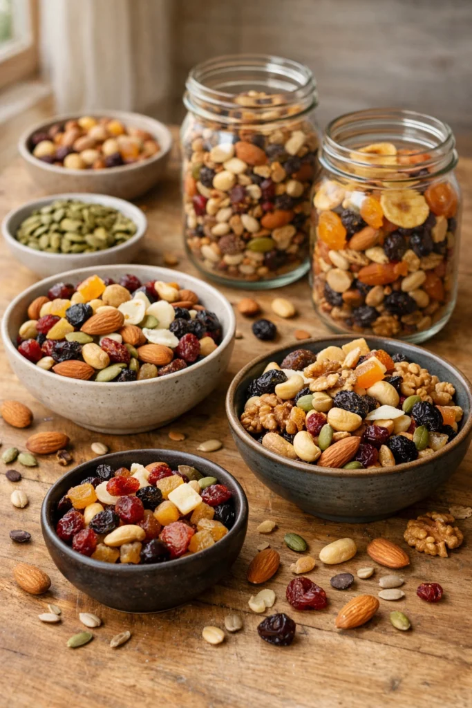 Mix saludable de frutos secos, semillas y frutas deshidratadas con almendras, nueces, pistachos, arándanos y pasas presentado en cuencos sobre una mesa de madera.