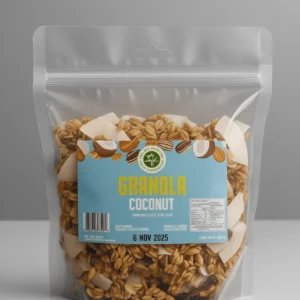 Bolsa de mini granola de coconut artesanal de 200 g con avena tostada y coco natural.