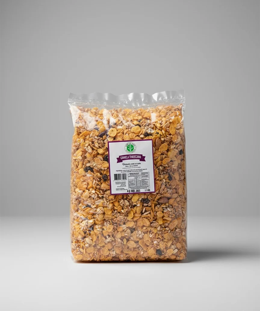 Bolsa grande de plástico transparente de Granola Endulzada de 1 kg. La granola es una mezcla de copos de cereal tostados, con algunas pasas de uva y otros frutos secos. La etiqueta es pequeña y de colores blanco y morado, centrada en la parte superior del paquete. La bolsa está vertical sobre una superficie blanca y un fondo gris claro.